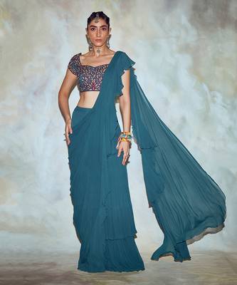 Teal Blue Leaf Embroidered Saree Set 1