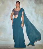 Teal Blue Leaf Embroidered Saree Set