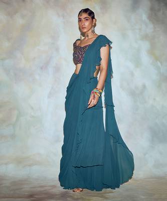 Teal Blue Leaf Embroidered Saree Set 2