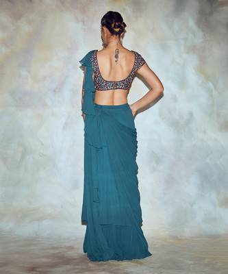 Teal Blue Leaf Embroidered Saree Set 3