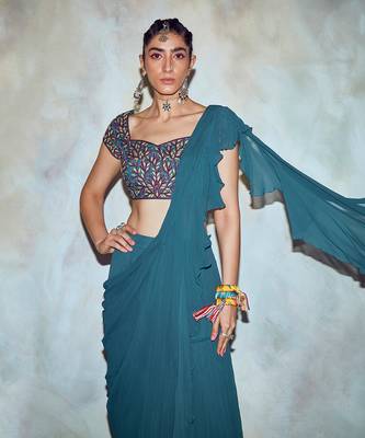 Teal Blue Leaf Embroidered Saree Set 4
