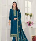 peacock blue embroidery swarovski diamons silk unstitch straight fit churidar salwar suits