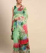 Green printed organza saree with blouse