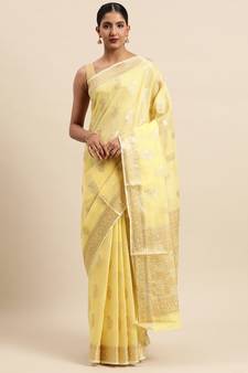 Yellow Woven Cotton Saree With Blouse
