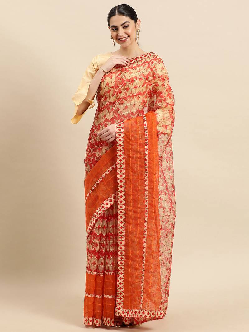 Orange embroidered art silk saree with blouse
