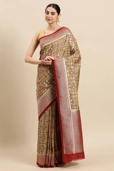 Beige Woven Silk Blend Saree With Blouse