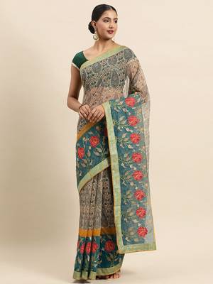Turquoise Embroidered Art Silk Saree With Blouse 1