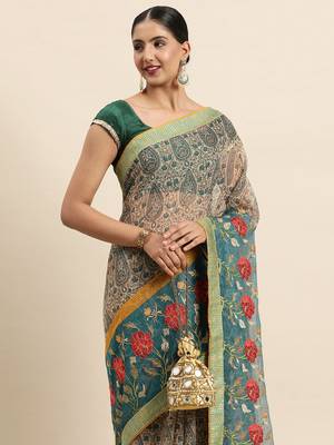 Turquoise Embroidered Art Silk Saree With Blouse 2