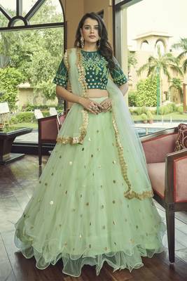 Light green embroidered net semi stitched lehenga 1