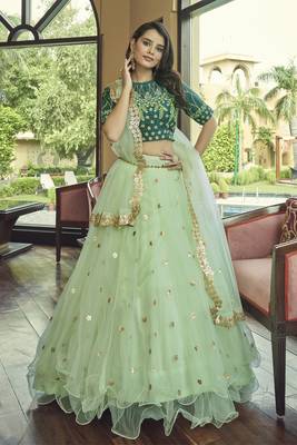 Light green embroidered net semi stitched lehenga 3