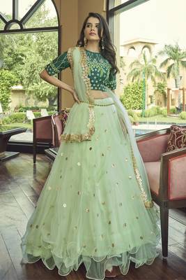 Light green embroidered net semi stitched lehenga 4
