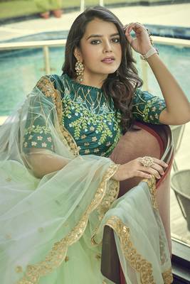Light green embroidered net semi stitched lehenga 5