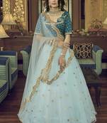 Sky blue embroidered net semi stitched lehenga