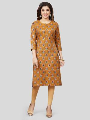 Mustard printed rayon long-kurtis 1