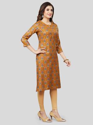 Mustard printed rayon long-kurtis 3