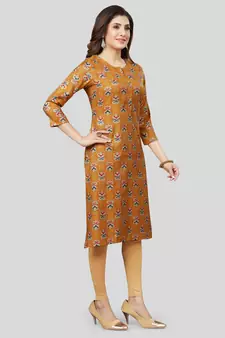 Mustard printed rayon long-kurtis
