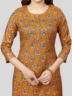 Mustard printed rayon long-kurtis 4