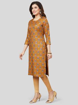 Mustard printed rayon long-kurtis 5