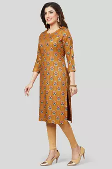 Mustard printed rayon long-kurtis