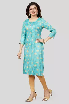Blue printed rayon long-kurtis