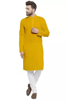 Yellow Cotton Chikankari Lucknowi Jaal Embroidered Kurta with Churidar Pajama by treemoda