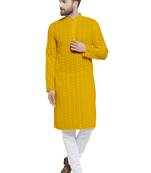 Yellow Cotton Chikankari Lucknowi Jaal Embroidered Kurta with Churidar Pajama
