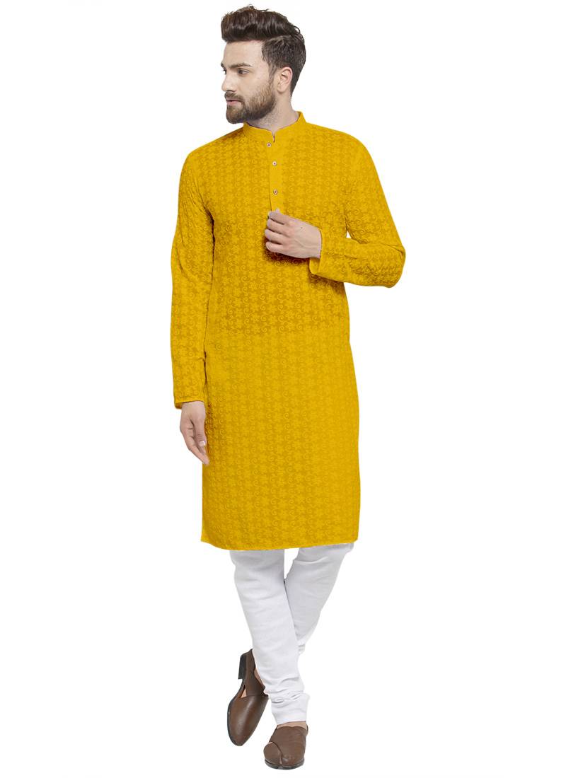Yellow Cotton Chikankari Lucknowi Jaal Embroidered Kurta with Churidar Pajama by treemoda