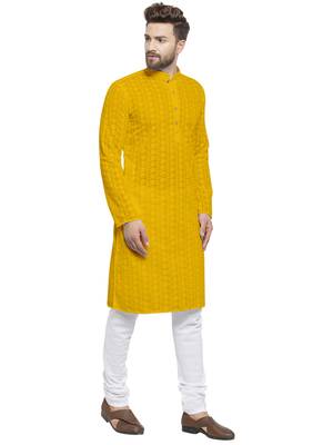Yellow Cotton Chikankari Lucknowi Jaal Embroidered Kurta with Churidar Pajama by treemoda 2