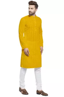 Yellow Cotton Chikankari Lucknowi Jaal Embroidered Kurta with Churidar Pajama