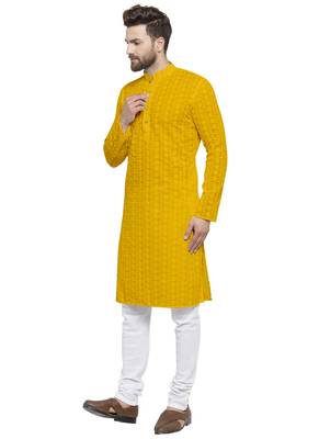 Yellow Cotton Chikankari Lucknowi Jaal Embroidered Kurta with Churidar Pajama by treemoda 3