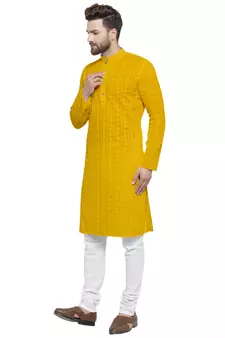 Yellow Cotton Chikankari Lucknowi Jaal Embroidered Kurta with Churidar Pajama