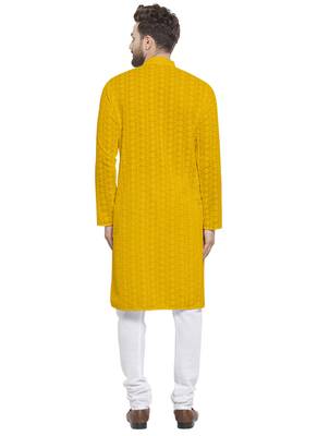 Yellow Cotton Chikankari Lucknowi Jaal Embroidered Kurta with Churidar Pajama by treemoda 4
