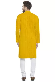Yellow Cotton Chikankari Lucknowi Jaal Embroidered Kurta with Churidar Pajama