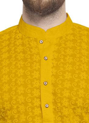 Yellow Cotton Chikankari Lucknowi Jaal Embroidered Kurta with Churidar Pajama by treemoda 5