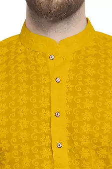 Yellow Cotton Chikankari Lucknowi Jaal Embroidered Kurta with Churidar Pajama