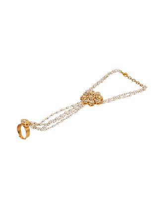 Gold Tone Floral Kundan Haathphool with Pearls 3