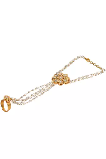 Gold Tone Floral Kundan Haathphool with Pearls