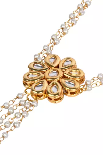Gold Tone Floral Kundan Haathphool with Pearls
