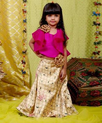 Pink Frilled Halter neck crop top with Ghagara 1
