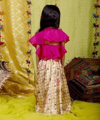 Pink Frilled Halter neck crop top with Ghagara 2