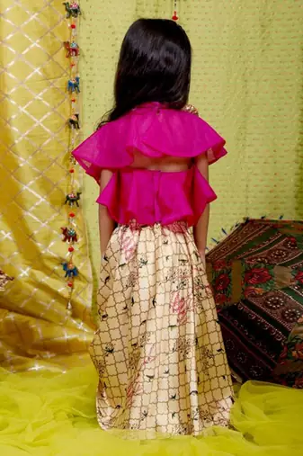 Pink Frilled Halter neck crop top with Ghagara