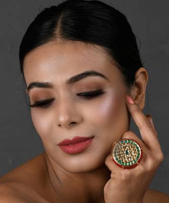 Green beaded Gold Tone Adjustable Kundan ring 1