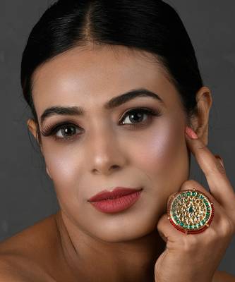 Green beaded Gold Tone Adjustable Kundan ring 2