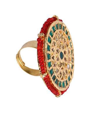 Green beaded Gold Tone Adjustable Kundan ring 4