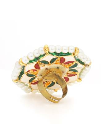 Classic Gold Tone Kundan-Inspired Pearl Beaded Adjustable Ring 7