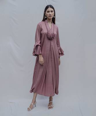 Front Pleated Dress With Bell Sleeves In Mauve 1