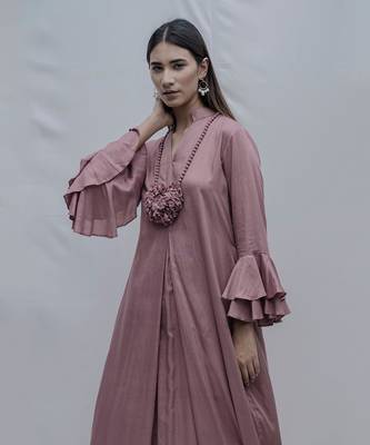 Front Pleated Dress With Bell Sleeves In Mauve 2