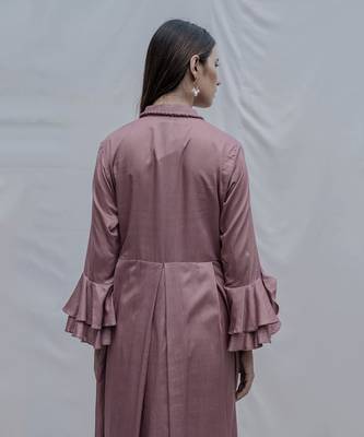 Front Pleated Dress With Bell Sleeves In Mauve 3