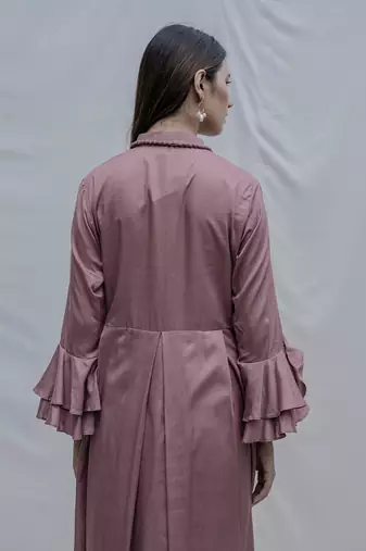 Front Pleated Dress With Bell Sleeves In Mauve