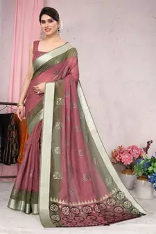 Pink printed cotton saree with blouse